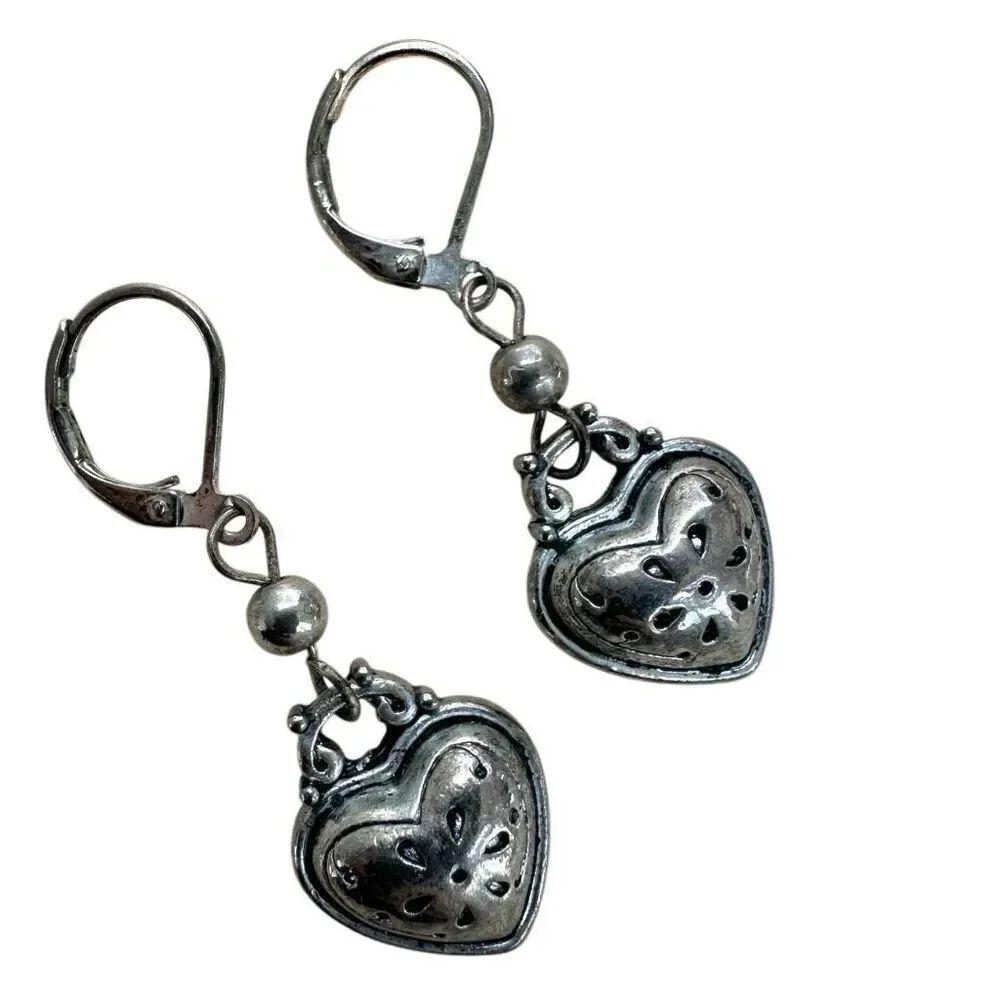 Vintage Puffy Heart Dangle Earrings with Floral Cutouts